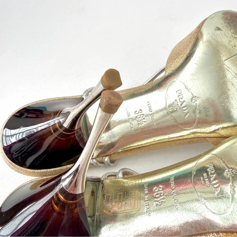 PRADA | Vintage Gold & Silver Metallic Knot Heels Tortoise Stiletto 36.5